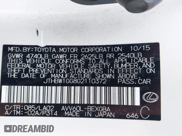 2016 Lexus ES 300h z VIN JTHBW1GG8G2110372, wystawiony jako IAAI lot #42278981 z przebiegiem 140 963 mil mil oraz . Historia ofert i sprzedaży dostępna na DreamBid. Obrazek 9.