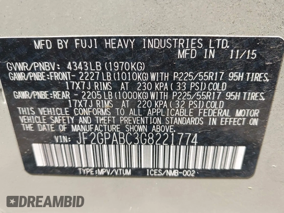 2016 Subaru Crosstrek Premium with VIN JF2GPABC3G8221774, listed as a IAAI auction lot 42396440 with 174,595 mi miles and . Bid and sale history available at DreamBid. Image 9.