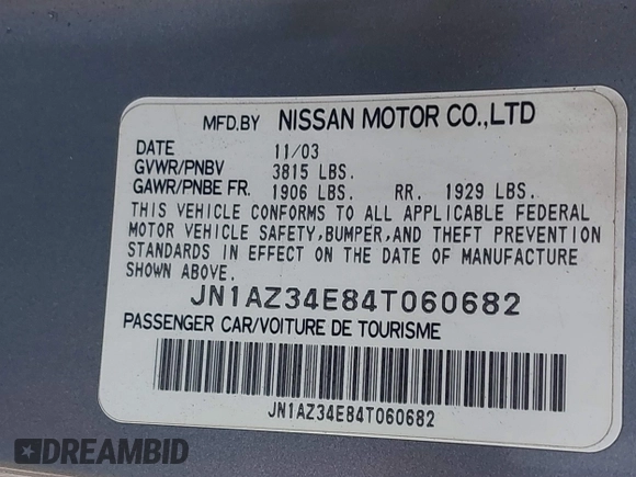2004 Nissan 350Z Touring with VIN JN1AZ34E84T060682, listed as a IAAI auction lot 41616199 with 209,814 mi miles. Bid and sale history available at carsss.com. Image 9.