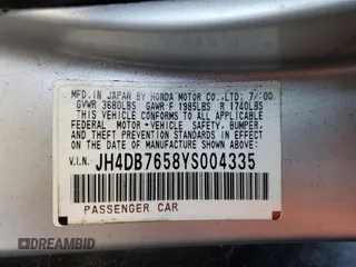 2000 Acura Integra LS z VIN JH4DB7658YS004335, wystawiony jako Copart lot #49858145 z przebiegiem 220 238 mil mil oraz Szkoda całkowita • Salvage title. Historia ofert i sprzedaży dostępna na DreamBid. Obrazek 15.