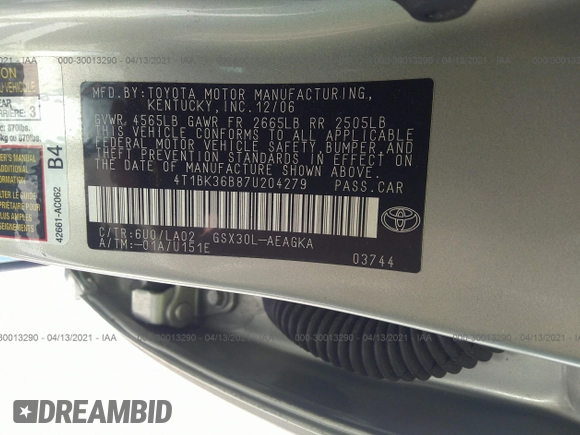 2007 Toyota Avalon XL with VIN 4T1BK36B87U204279, listed as a IAAI auction lot 41363042 with 91,967 mi miles and . Bid and sale history available at DreamBid. Image 9.
