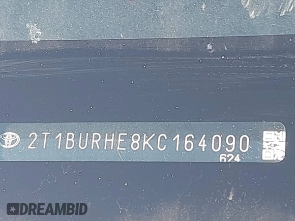 2019 Toyota Corolla L with VIN 2T1BURHE8KC164090, listed as a IAAI auction lot 41976669 with 163,794 mi miles and . Bid and sale history available at DreamBid. Image 17.