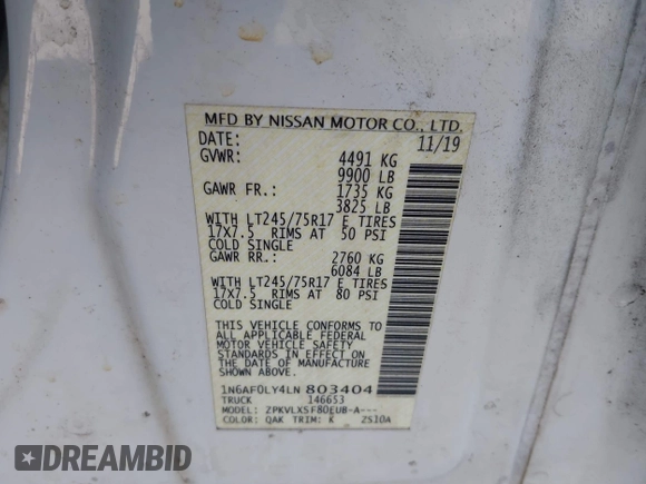 2020 Nissan NV Cargo SV with VIN 1N6AF0LY4LN803404, listed as a IAAI auction lot 41832842 with 102,905 mi miles and . Bid and sale history available at DreamBid. Image 9.