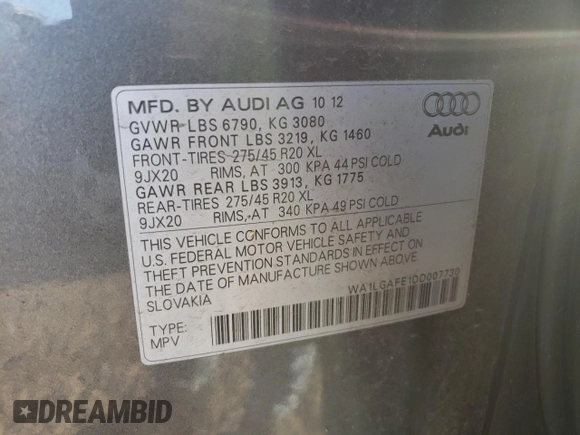 2013 Audi Q7 3.0T Premium Plus with VIN WA1LGAFE1DD007730, listed as a Copart auction lot 83432504 with 127,478 mi miles and Salvage Title. Bid and sale history available at carsss.com. Image 14.