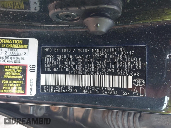 2018 Toyota Corolla L with VIN 2T1BURHE9JC964444, listed as a IAAI auction lot 42524046 with 69,218 mi miles and . Bid and sale history available at DreamBid. Image 9.