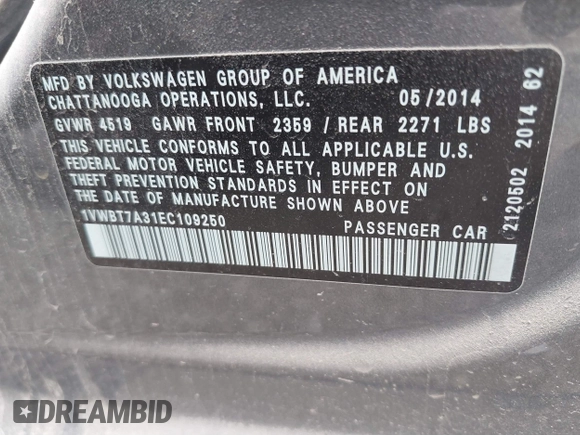 2014 Volkswagen Passat SE with VIN 1VWBT7A31EC109250, listed as a IAAI auction lot 33727929 with Not provided miles and . Bid and sale history available at DreamBid. Image 9.