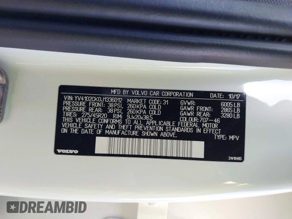 2018 Volvo XC90 Momentum with VIN YV4102CK0J1336012, listed as a IAAI auction lot 41494268 with 71,062 mi miles and . Bid and sale history available at DreamBid. Image 9.