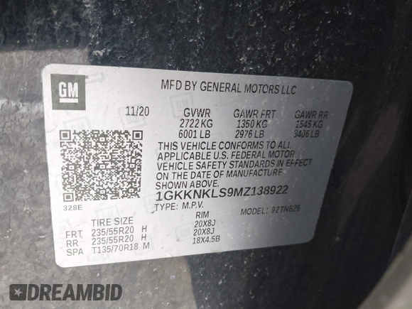 2021 GMC Acadia SLE with VIN 1GKKNKLS9MZ138922, listed as a IAAI auction lot 41206831 with 127,834 mi miles and . Bid and sale history available at DreamBid. Image 9.