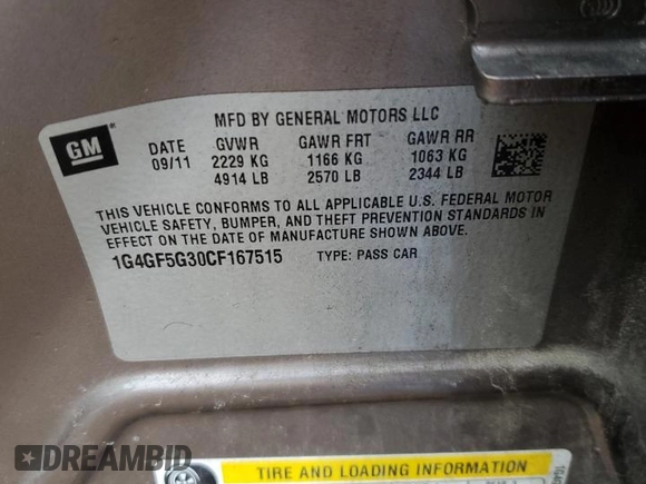 2012 Buick LaCrosse Premium 2 with VIN 1G4GF5G30CF167515, listed as a Copart auction lot 44184125 with 0 mi miles and Salvage Title. Bid and sale history available at carsss.com. Image 14.