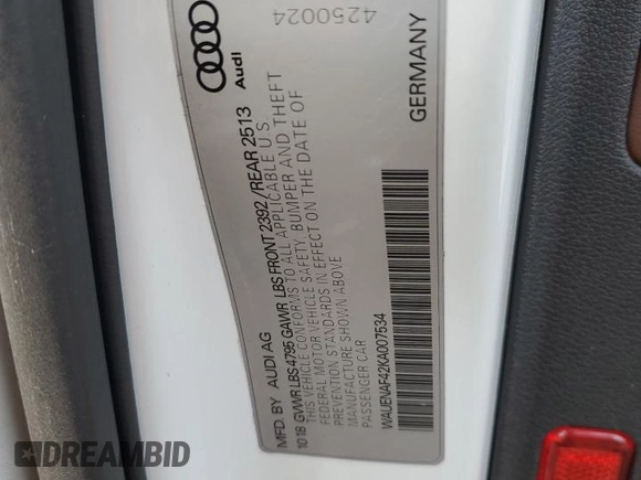 2019 Audi A4 Premium Plus with VIN WAUENAF42KA007534, listed as a Copart auction lot 62229882 with 52,432 mi miles. Bid and sale history available at carsss.com. Image 10.