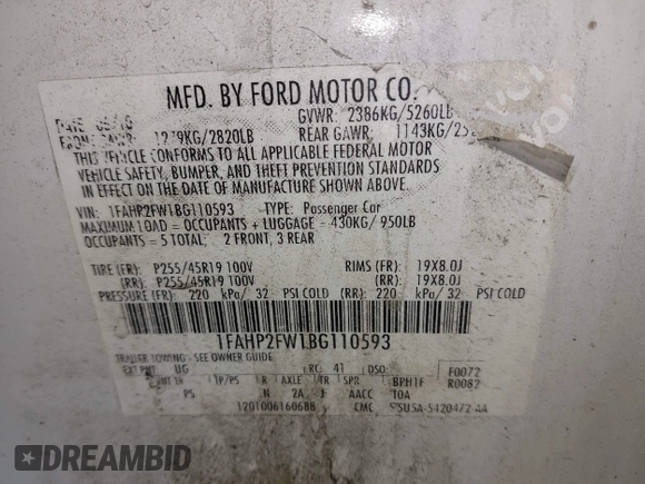 2011 Ford Taurus Limited with VIN 1FAHP2FW1BG110593, listed as a IAAI auction lot 42773725 with 204,764 mi miles and . Bid and sale history available at DreamBid. Image 9.