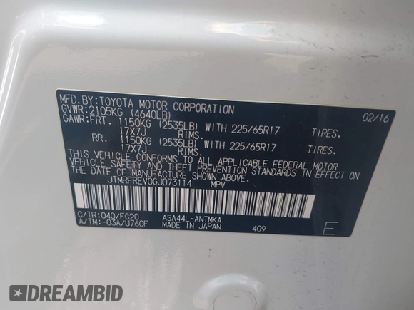 2016 Toyota RAV4 XLE with VIN JTMRFREV0GJ073114, listed as a IAAI auction lot 42548094 with 119,431 mi miles and . Bid and sale history available at DreamBid. Image 9.