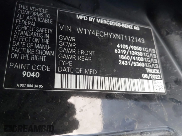 2022 Mercedes-Benz Sprinter Cargo with VIN W1Y4ECHYXNT112143, listed as a IAAI auction lot 41844852 with 46,727 mi miles. Bid and sale history available at carsss.com. Image 9.
