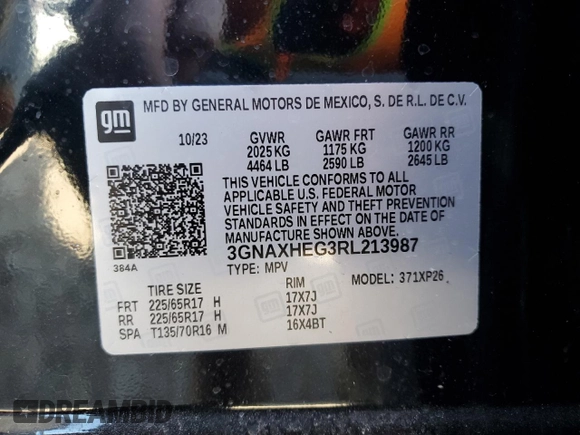 2024 Chevrolet Equinox LS with VIN 3GNAXHEG3RL213987, listed as a Copart auction lot 52985665 with Not Provided miles and Salvage Title. Bid and sale history available at DreamBid. Image 13.