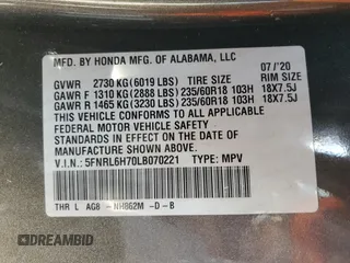 2020 Honda Odyssey EX-L with VIN 5FNRL6H70LB070221, listed as a Copart auction lot 53074615 with Not Provided miles and Salvage Title. Bid and sale history available at carsss.com. Image 12.