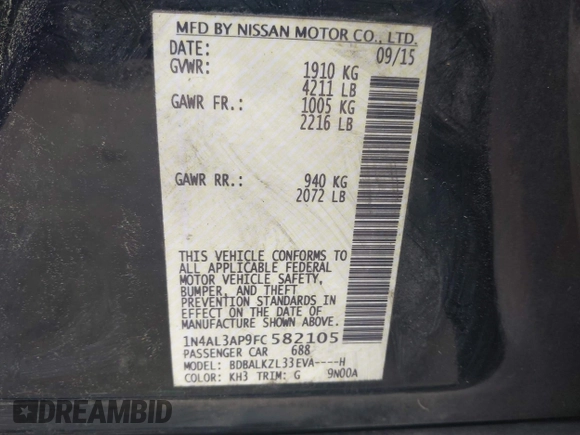 2015 Nissan Altima S with VIN 1N4AL3AP9FC582105, listed as a IAAI auction lot 41864014 with 138,477 mi miles and . Bid and sale history available at DreamBid. Image 9.
