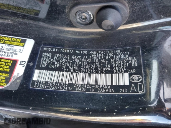 2011 Toyota Corolla L with VIN 2T1BU4EE7BC750335, listed as a Copart auction lot 88365235 with 250,062 mi miles and Clean Title. Bid and sale history available at carsss.com. Image 13.