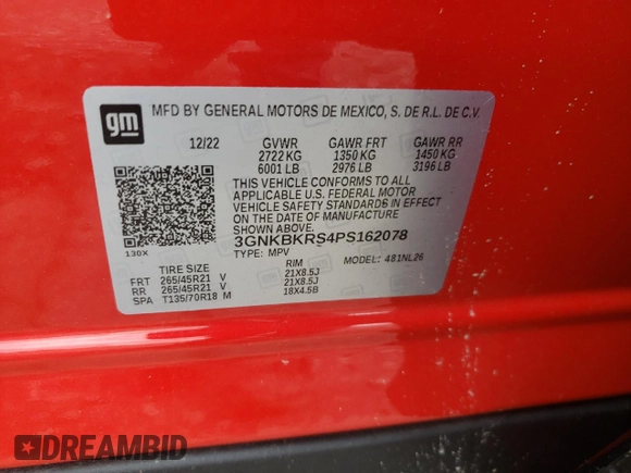 2023 Chevrolet Blazer RS с VIN 3GNKBKRS4PS162078, выставлен на аукционе Copart как лот 63374485 с пробегом Не указан миль и Списание • Salvage title. История ставок и продаж доступна на DreamBid. Изображение 13.