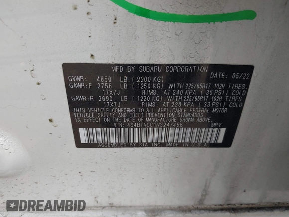 2022 Subaru Outback Premium with VIN 4S4BTACC1N3247458, listed as a IAAI auction lot 42037062 with 51,565 mi miles and . Bid and sale history available at DreamBid. Image 9.