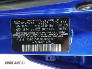 2012 Hyundai Accent SE with VIN KMHCU5AE9CU035072, listed as a Copart auction lot 54616835 with 107,682 mi miles and Clean Title. Bid and sale history available at carsss.com. Image 12.