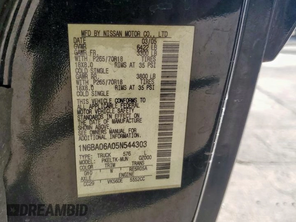 2005 Nissan Titan XE with VIN 1N6BA06A05N544303, listed as a Copart auction lot 49495215 with 234,071 mi miles and Salvage Title. Bid and sale history available at carsss.com. Image 12.