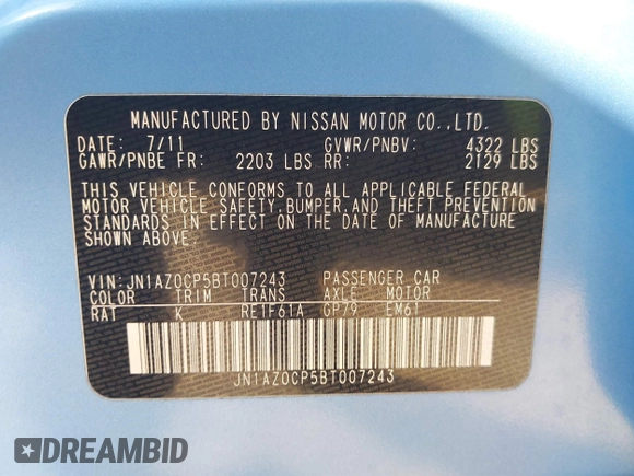 2011 Nissan LEAF SL-e with VIN JN1AZ0CP5BT007243, listed as a IAAI auction lot 41656364 with 36,042 mi miles. Bid and sale history available at carsss.com. Image 9.