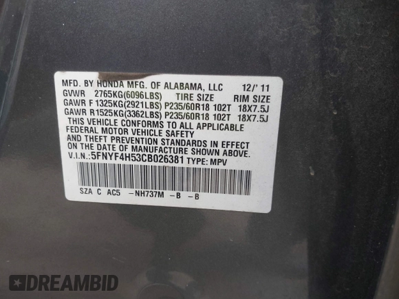 2012 Honda Pilot EX-L with VIN 5FNYF4H53CB026381, listed as a IAAI auction lot 41802360 with 165,425 mi miles and . Bid and sale history available at DreamBid. Image 9.