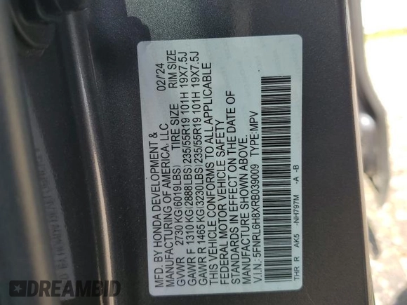 2024 Honda Odyssey Touring with VIN 5FNRL6H8XRB039009, listed as a Copart auction lot 56136305 with Not provided miles and Salvage title. Bid and sale history available at DreamBid. Image 13.