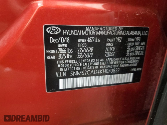 2019 Hyundai Santa Fe SE with VIN 5NMS2CAD4KH070822, listed as a Copart auction lot 61863315 with 74,865 mi miles and Salvage title. Bid and sale history available at DreamBid. Image 12.