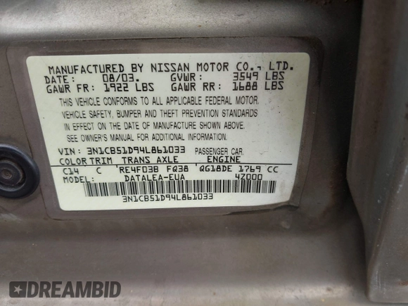 2004 Nissan Sentra S z VIN 3N1CB51D94L861033, wystawiony jako IAAI lot #41956806 z przebiegiem 19 358 mil mil oraz . Historia ofert i sprzedaży dostępna na DreamBid. Obrazek 9.