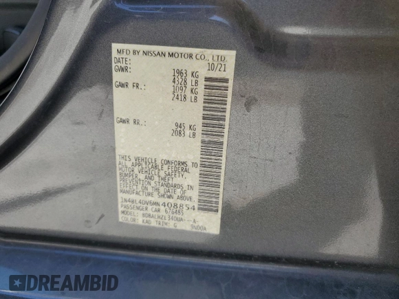 2021 Nissan Altima SV with VIN 1N4BL4DV6MN408854, listed as a Copart auction lot 49600385 with 45,076 mi miles and Salvage Title. Bid and sale history available at carsss.com. Image 12.