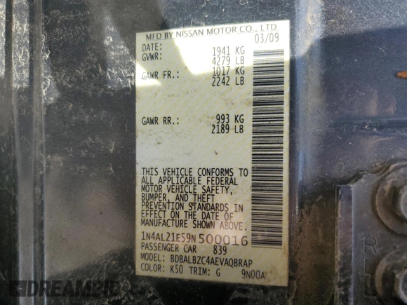 2009 Nissan Altima SL with VIN 1N4AL21E59N500016, listed as a Copart auction lot 50195785 with Not Provided miles and Clean Title. Bid and sale history available at DreamBid. Image 13.