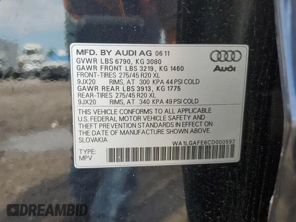 2012 Audi Q7 Premium Plus with VIN WA1LGAFE6CD000593, listed as a Copart auction lot 56414825 with 163,210 mi miles and Clean title. Bid and sale history available at DreamBid. Image 14.