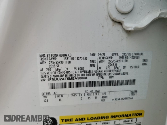 2021 Ford Expedition Limited z VIN 1FMJU2AT5MEA58008, wystawiony jako Copart lot #60243675 z przebiegiem 50 313 mil mil oraz Szkoda całkowita • Salvage title. Historia ofert i sprzedaży dostępna na DreamBid. Obrazek 13.