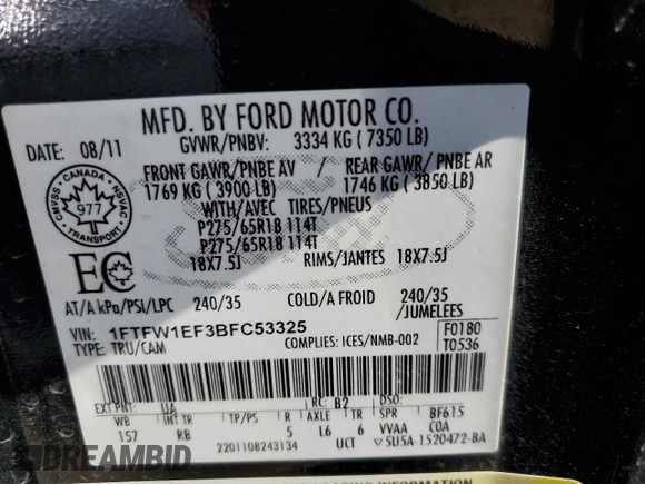 2011 Ford F-150 XL with VIN 1FTFW1EF3BFC53325, listed as a Copart auction lot 51282135 with 244,384 mi miles and Salvage Title. Bid and sale history available at carsss.com. Image 12.