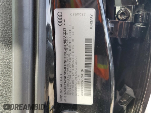 2017 Audi A3 Sedan Premium with VIN WAUB8GFF6H1007155, listed as a Copart auction lot 68872083 with 106,095 mi miles. Bid and sale history available at carsss.com. Image 12.