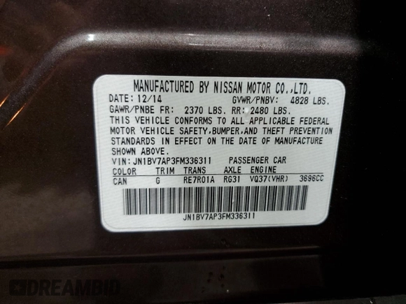2015 Infiniti Q50 Premium with VIN JN1BV7AP3FM336311, listed as a Copart auction lot 56193875 with 110,984 mi miles and Salvage title. Bid and sale history available at DreamBid. Image 12.
