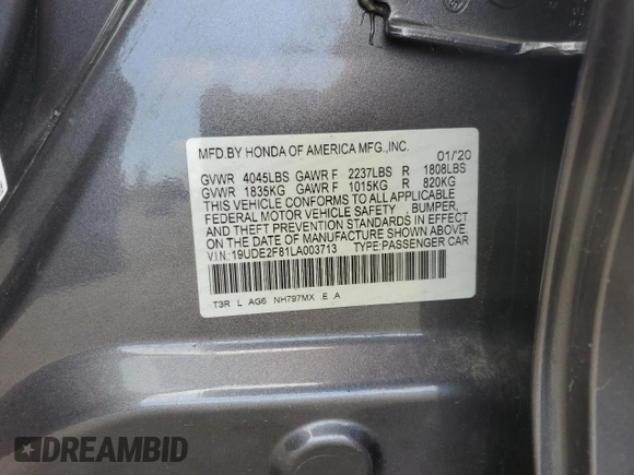 2020 Acura ILX w/Premium/A-SPEC Pkg with VIN 19UDE2F81LA003713, listed as a Copart auction lot 52023315 with 47,893 mi miles and Salvage Title. Bid and sale history available at carsss.com. Image 14.