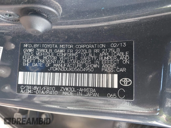 2013 Toyota Prius One with VIN JTDKN3DUXD5604950, listed as a IAAI auction lot 40307683 with 43,628 mi miles. Bid and sale history available at carsss.com. Image 9.