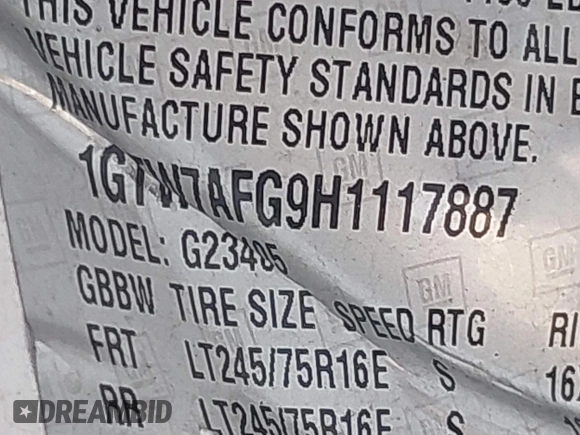 2017 GMC Savana Cargo z VIN 1GTW7AFG9H1117887, wystawiony jako IAAI lot #42233506 z przebiegiem Nie podano mil oraz . Historia ofert i sprzedaży dostępna na DreamBid. Obrazek 9.