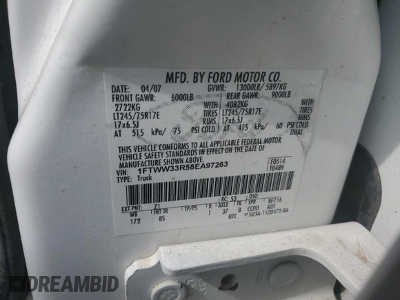 2008 Ford F-350 XL z VIN 1FTWW33R58EA97263, wystawiony jako Copart lot #50834145 z przebiegiem 286 706 mil mil oraz Szkoda całkowita • Salvage title. Historia ofert i sprzedaży dostępna na DreamBid. Obrazek 14.