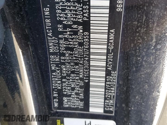 2007 Toyota Solara SE with VIN 4T1CE30P47U760959, listed as a Copart auction lot 42383975 with 166,950 mi miles and Salvage Title. Bid and sale history available at carsss.com. Image 12.