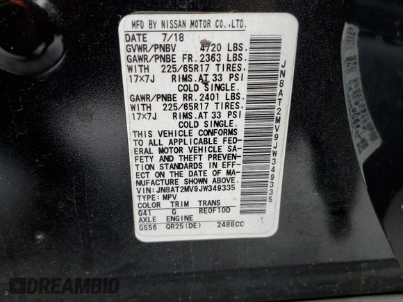 2018 Nissan Rogue SV with VIN JN8AT2MV9JW349335, listed as a Copart auction lot 52323385 with 74,461 mi miles and Salvage Title. Bid and sale history available at carsss.com. Image 13.