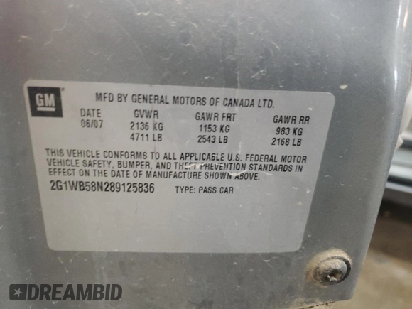 2008 Chevrolet Impala LS z VIN 2G1WB58N289125836, wystawiony jako Copart lot #57127295 z przebiegiem Nie podano mil oraz Szkoda całkowita • Salvage title. Historia ofert i sprzedaży dostępna na DreamBid. Obrazek 12.