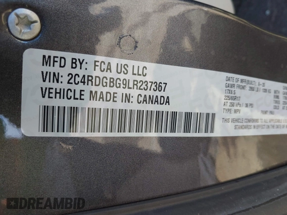 2020 Dodge Grand Caravan SE with VIN 2C4RDGBG9LR237367, listed as a IAAI auction lot 41869344 with 91,452 mi miles and . Bid and sale history available at DreamBid. Image 9.