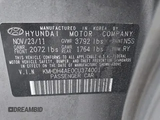 2012 Hyundai Elantra Limited with VIN KMHDH4AE0CU374001, listed as a IAAI auction lot 42394880 with 99,282 mi miles and . Bid and sale history available at DreamBid. Image 9.
