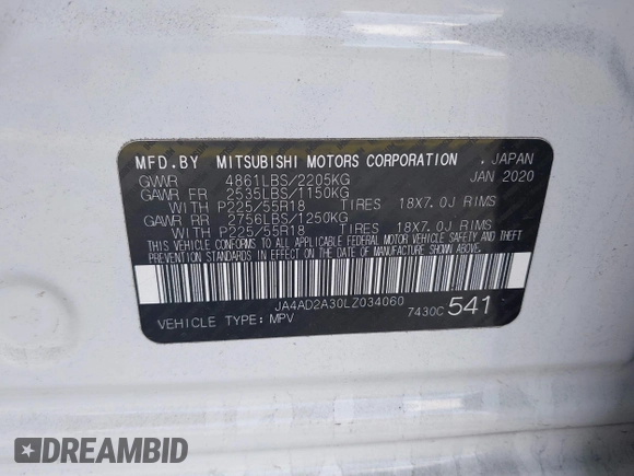 2020 Mitsubishi Outlander ES z VIN JA4AD2A30LZ034060, wystawiony jako IAAI lot #42207169 z przebiegiem 91 049 mil mil oraz . Historia ofert i sprzedaży dostępna na DreamBid. Obrazek 9.