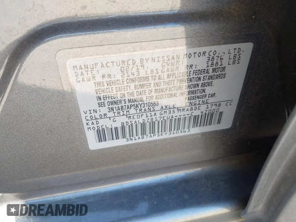 2019 Nissan Sentra SV z VIN 3N1AB7AP5KY310563, wystawiony jako IAAI lot #41742708 z przebiegiem 60 275 mil mil oraz . Historia ofert i sprzedaży dostępna na DreamBid. Obrazek 9.