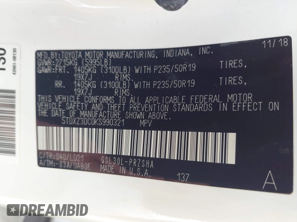 2019 Toyota Sienna SE with VIN 5TDXZ3DC0KS990321, listed as a IAAI auction lot 42281891 with 63,029 mi miles and . Bid and sale history available at DreamBid. Image 9.
