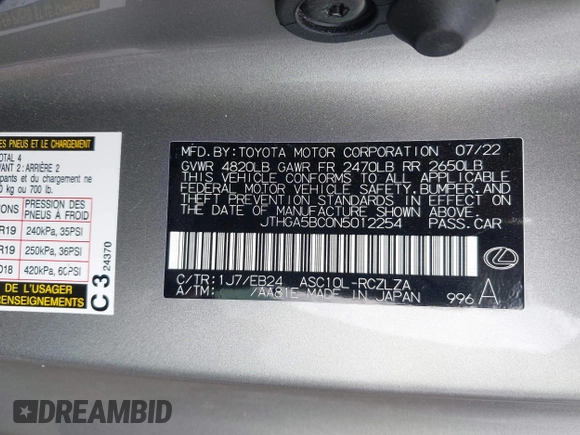 2022 Lexus RC 300 F Sport with VIN JTHGA5BC0N5012254, listed as a IAAI auction lot 42420387 with 11,139 mi miles and . Bid and sale history available at DreamBid. Image 9.